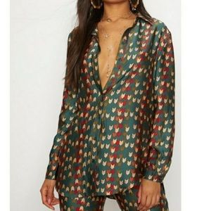PLT Green Red Chevron Arrowhead Button Down Blouse